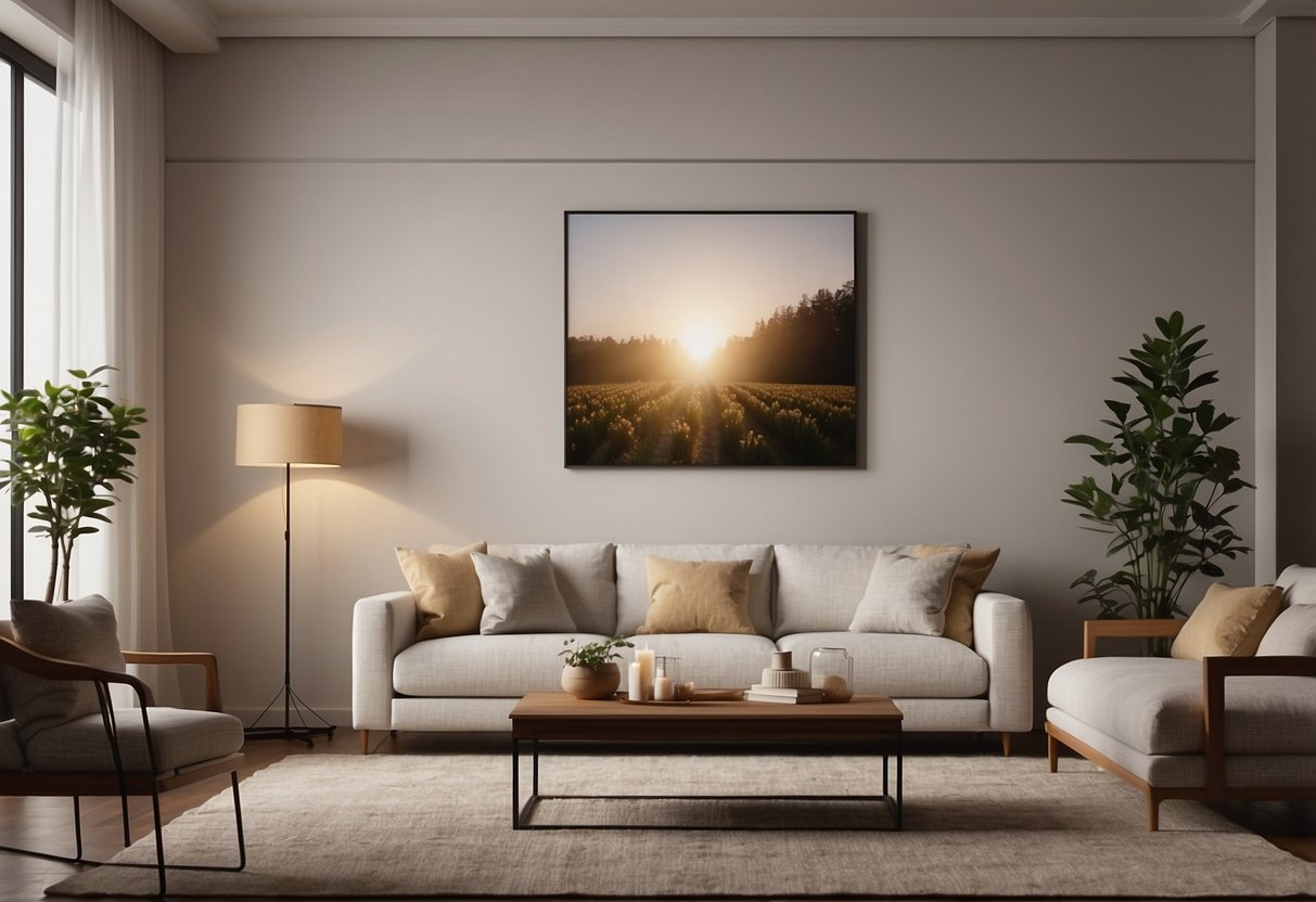 A cozy living room with a large, empty wall space above a plush sofa. Soft, natural lighting illuminates the room, casting a warm glow on the blank canvas waiting to display beautiful wedding photos