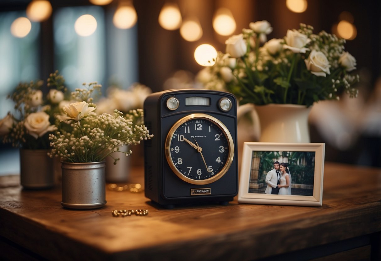 A Polaroid clock displays wedding photos in a vintage, rustic setting with soft lighting and floral accents