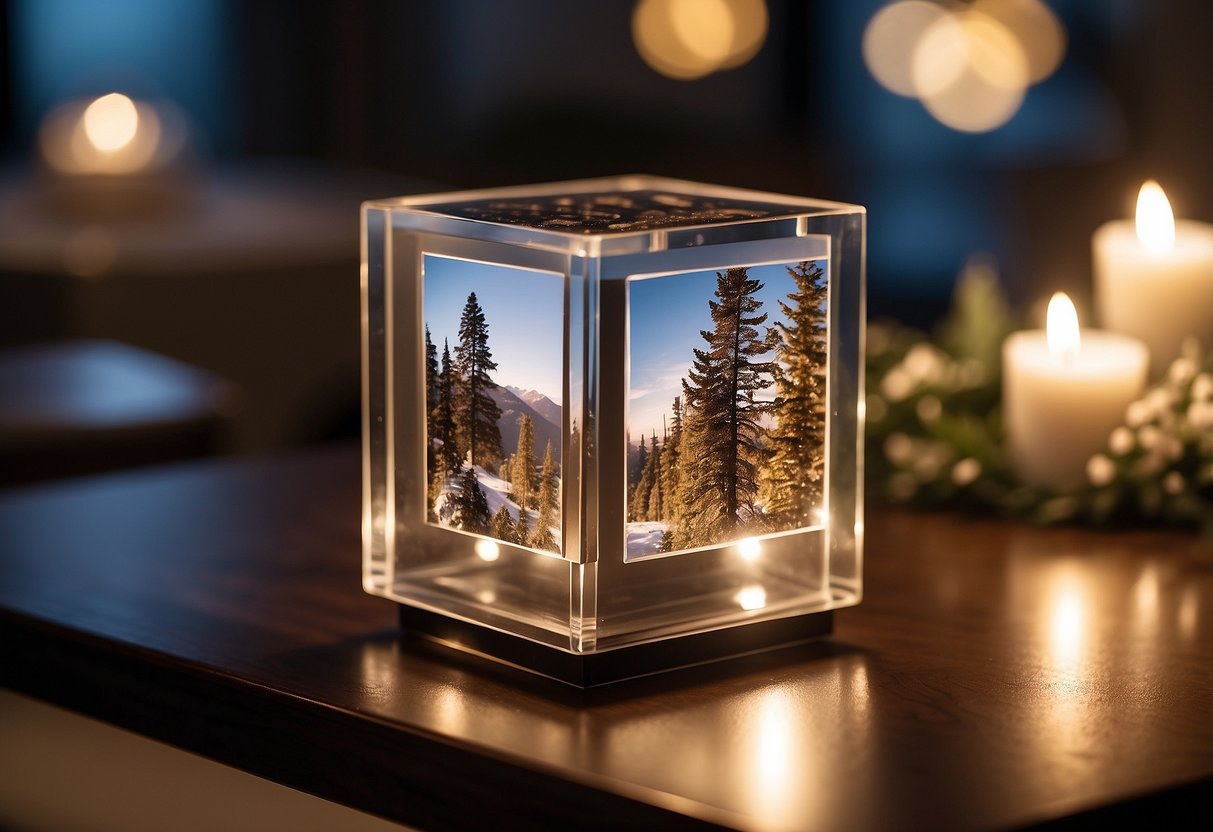 A rotating picture cube sits on a table, displaying wedding photos from all angles. The cube is surrounded by soft, romantic lighting, creating a warm and inviting atmosphere