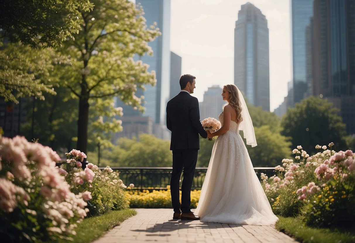 A couple exchanging vows in a city park, surrounded by blooming flowers and towering skyscrapers