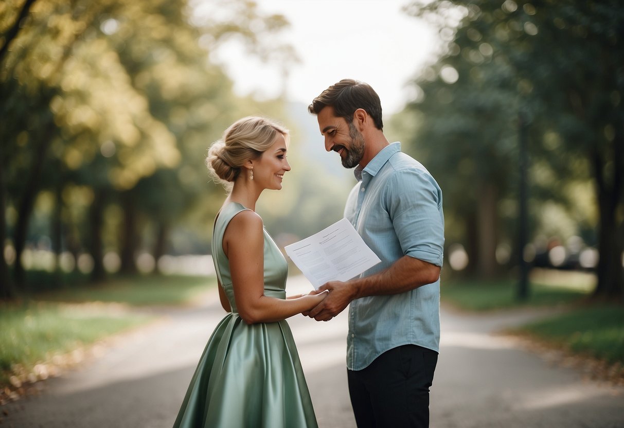 A couple embraces, holding adoption papers. A wedding ring glints