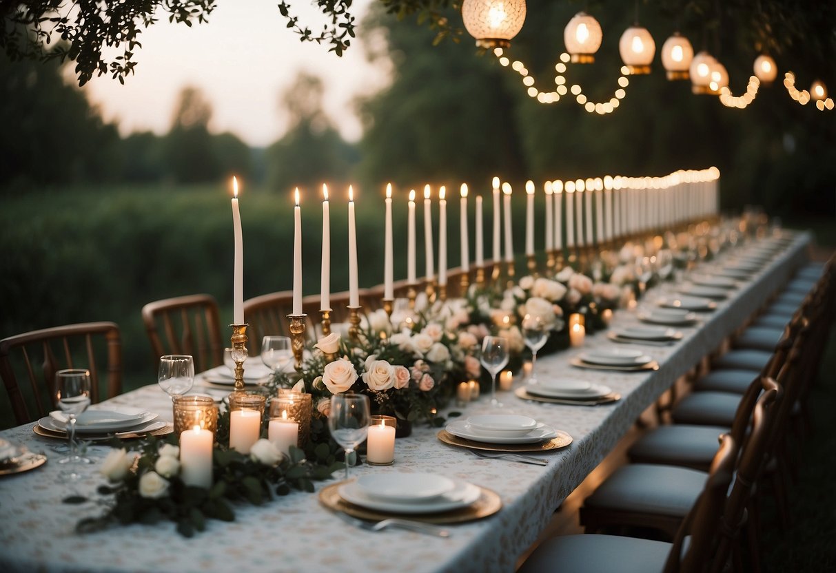 A long table adorned with floral and lace table runners, accented with candles and delicate place settings