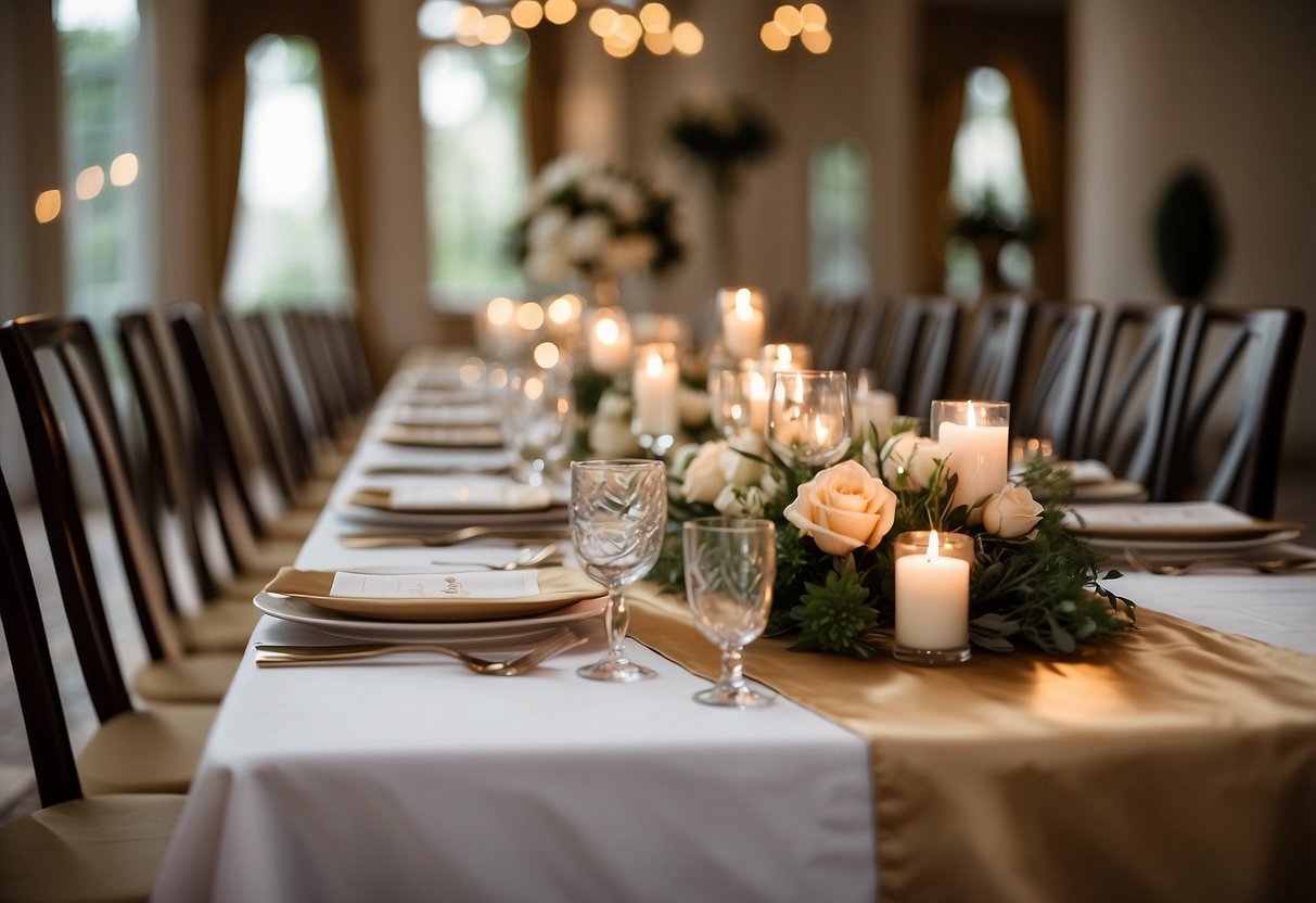 A long, luxurious silk table runner drapes elegantly across a beautifully set wedding table, adding a touch of sophistication and romance to the scene