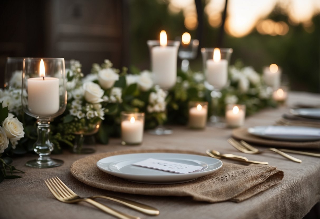 A burlap table runner with chevron pattern lays across a rustic wedding table, adorned with simple floral centerpieces and flickering candlelight