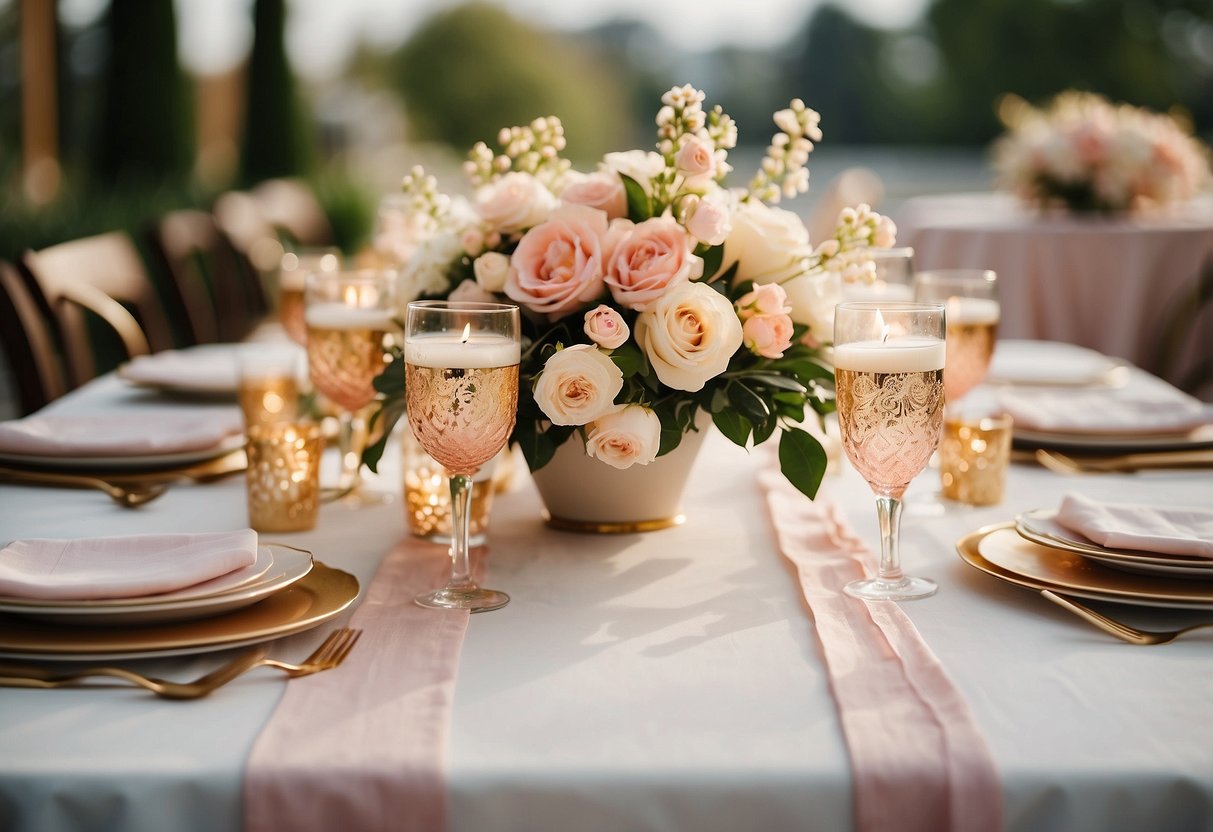 A white table runner adorned with blush pink and gold accents, complemented by floral centerpieces in matching hues