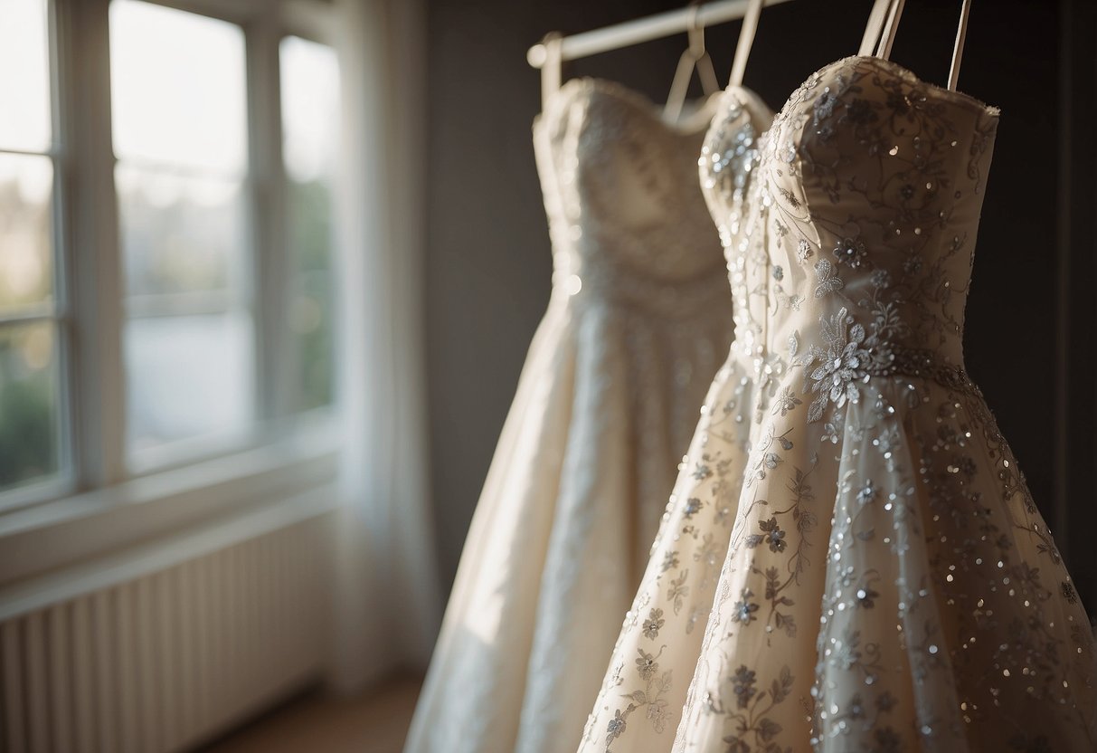 A strapless wedding dress hangs on a hanger, surrounded by delicate lace and shimmering sequins