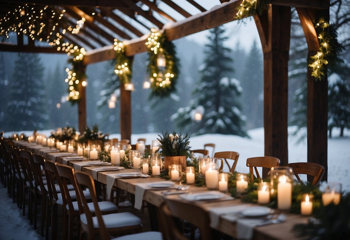 A cozy outdoor wedding with twinkling lights, a rustic wooden arch, and a backdrop of snow-covered trees. A simple yet elegant tablescape with candles and greenery completes the budget-friendly winter wedding scene