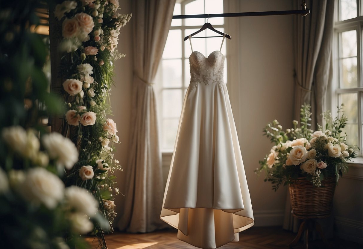 A strapless wedding dress hangs on a hanger, surrounded by flowing fabric and seasonal floral accents