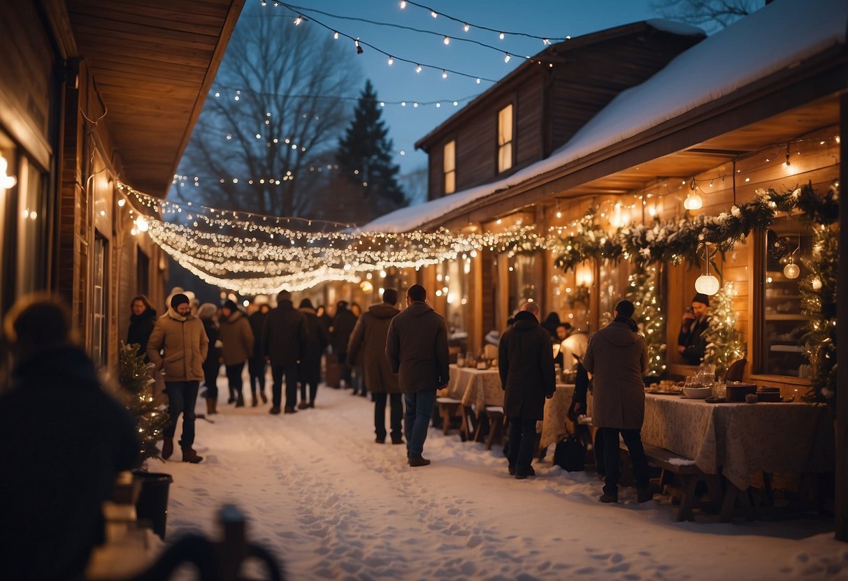 A cozy thrift store with rustic decor, twinkling string lights, and vintage lace tablecloths. Snowflakes fall outside as couples browse budget-friendly winter wedding ideas