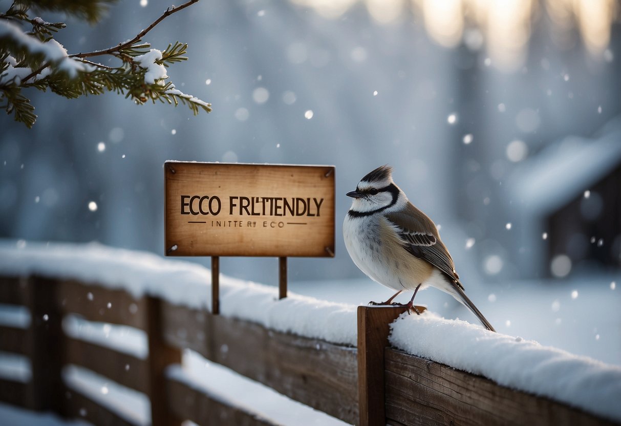 A cozy winter scene with snow-covered trees, a rustic wooden sign with "Eco-Friendly Invitations" written on it, and a couple of birds perched on the sign