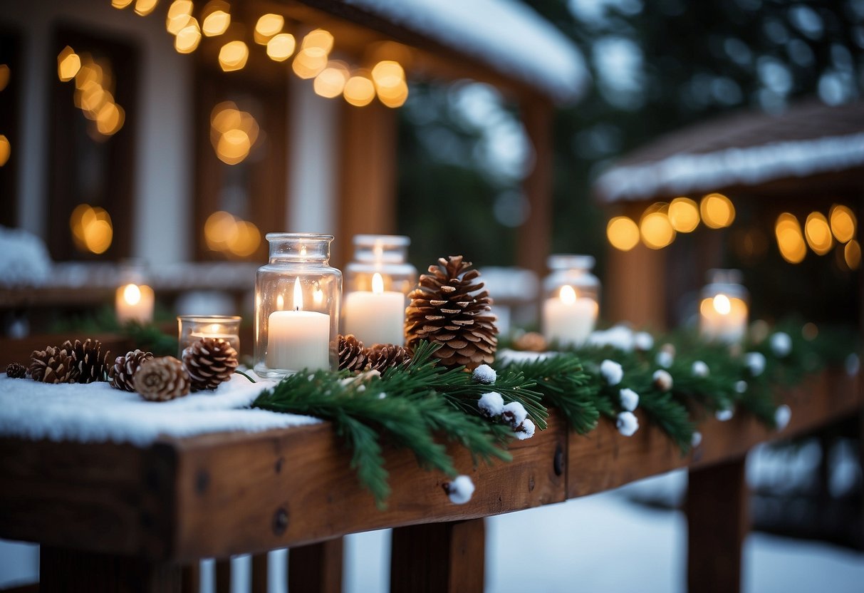 Snowy landscape with rustic wooden tables adorned with handmade favors like pinecone fire starters and knitted mittens. Twinkling string lights and evergreen wreaths create a cozy atmosphere for a budget-friendly winter wedding