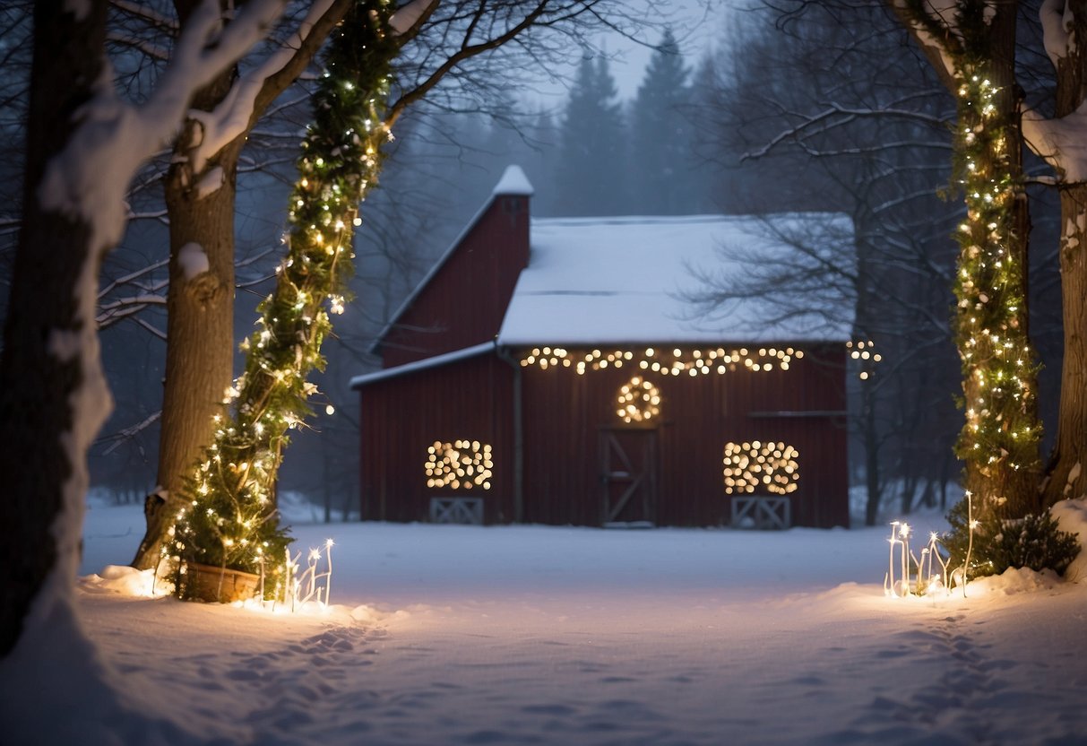 A cozy, rustic barn adorned with twinkling string lights and draped in lush greenery. Snowflakes gently falling outside, creating a picturesque winter wonderland setting for a budget-friendly wedding