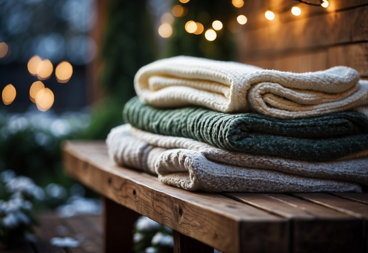 A pile of soft, fluffy blankets arranged neatly on a rustic wooden bench, surrounded by twinkling fairy lights and winter greenery