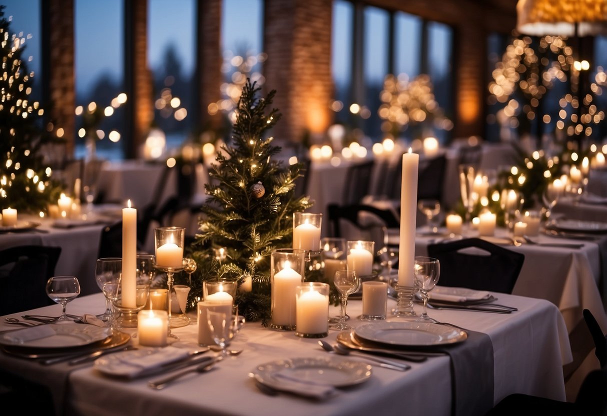 A cozy winter wedding reception with simple, elegant table settings and warm lighting. Buffet stations offer budget-friendly comfort food and seasonal drinks