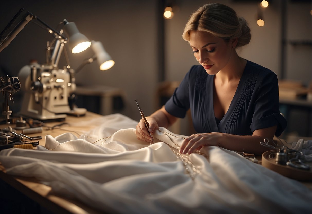 A seamstress pins and hems a bridal gown, surrounded by spools of thread and sewing tools on a worktable