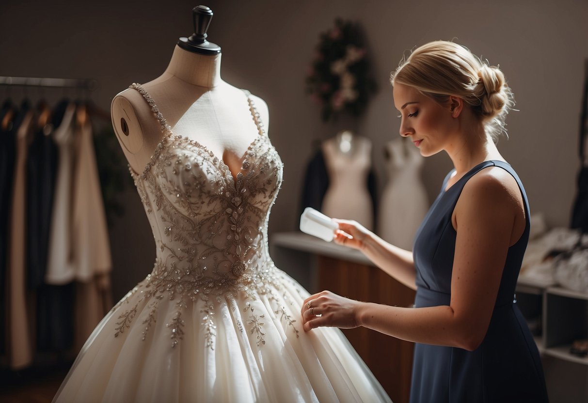 A seamstress schedules wedding dress fittings, preparing for alterations