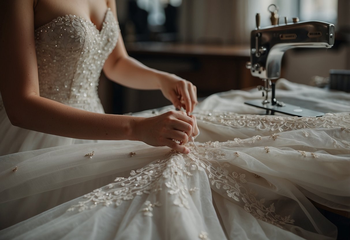 A seamstress carefully pins lace trim onto a wedding dress, surrounded by a table of delicate beads and sewing tools