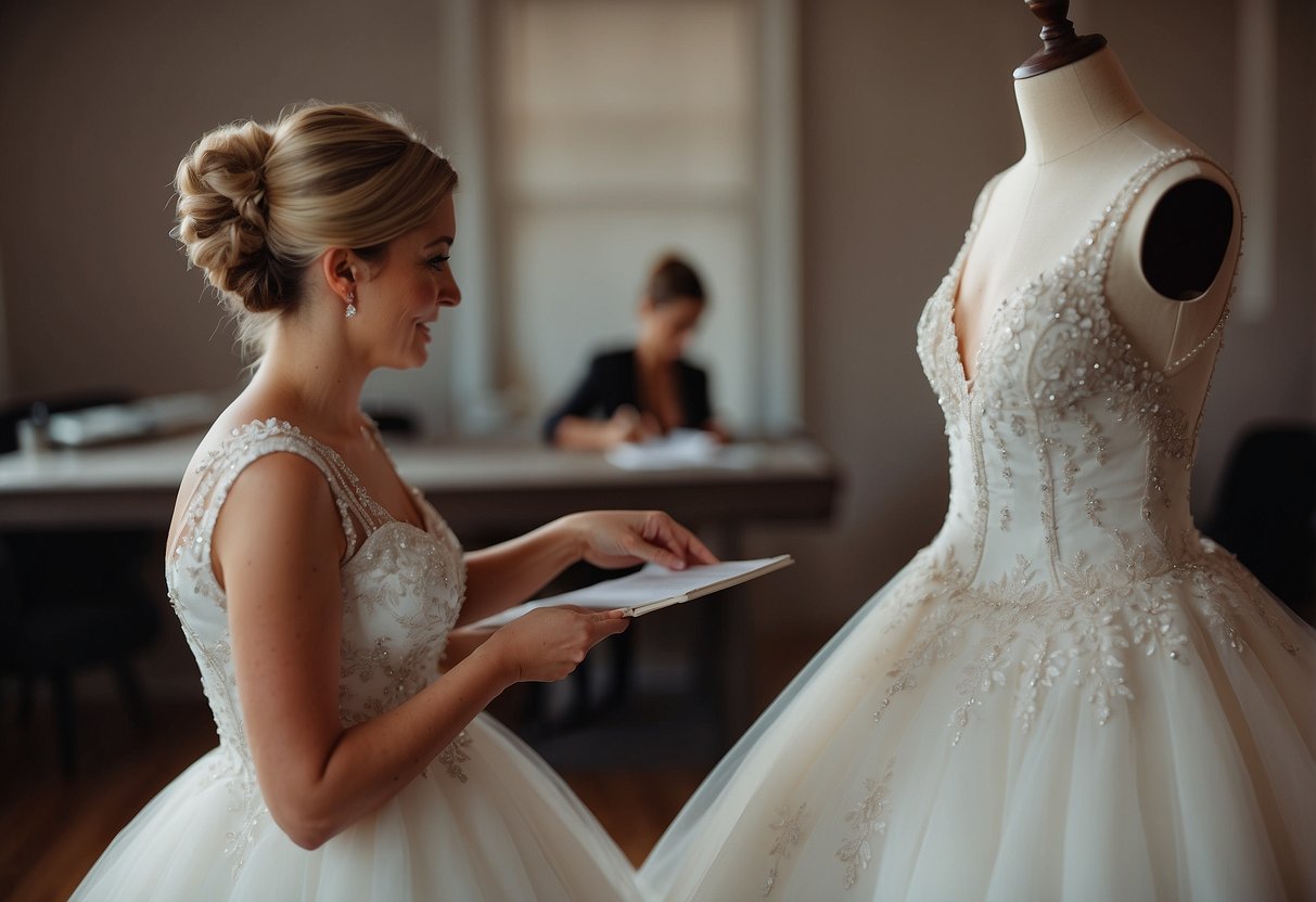 A bride and a seamstress discussing wedding dress alterations, with a budget in mind. The bride is pointing to specific areas on the dress while the seamstress takes notes