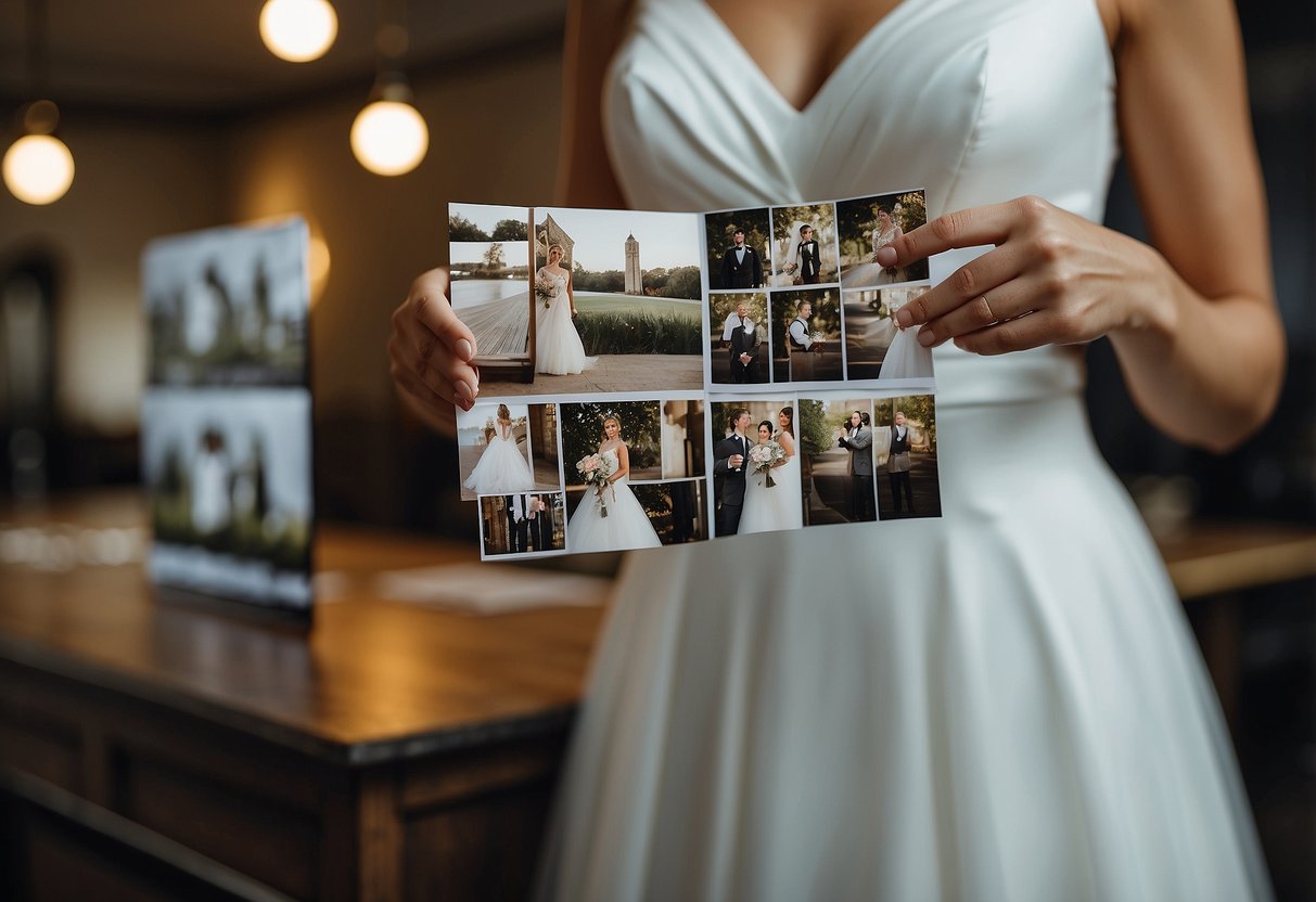 A bride holds up photos of her desired fit wedding dress alterations, pointing to specific areas for adjustment