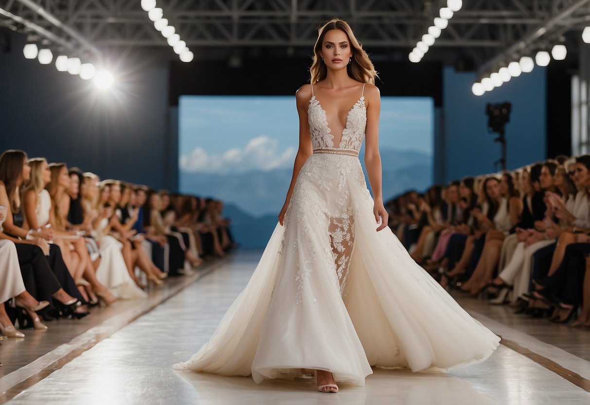 A runway with various walking styles: confident stride, graceful step, and playful skip. Wedding dress alterations tips displayed on the side