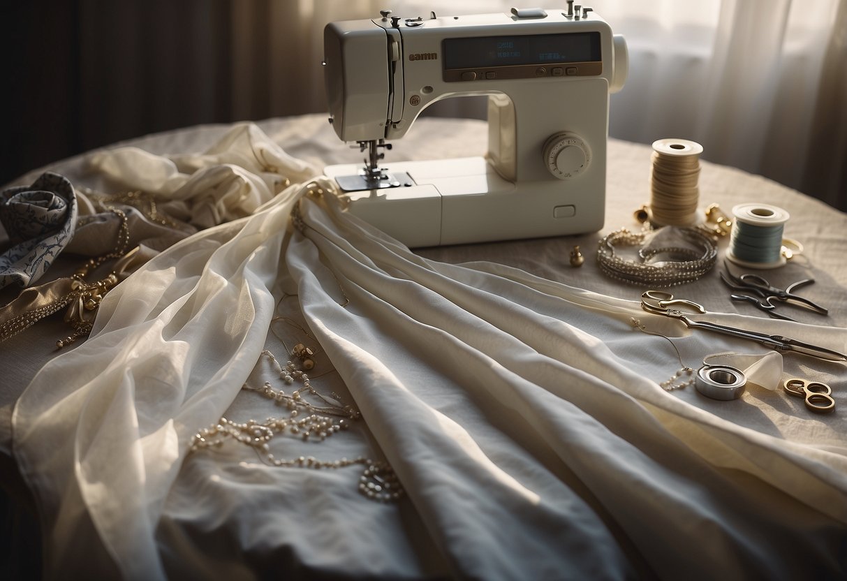 A wedding dress laid out on a table, surrounded by pins, needles, and a sewing machine. A measuring tape and fabric scissors sit nearby