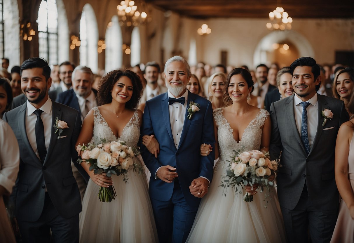 A crowded wedding hall filled with diverse couples of varying ages, smiling and holding hands