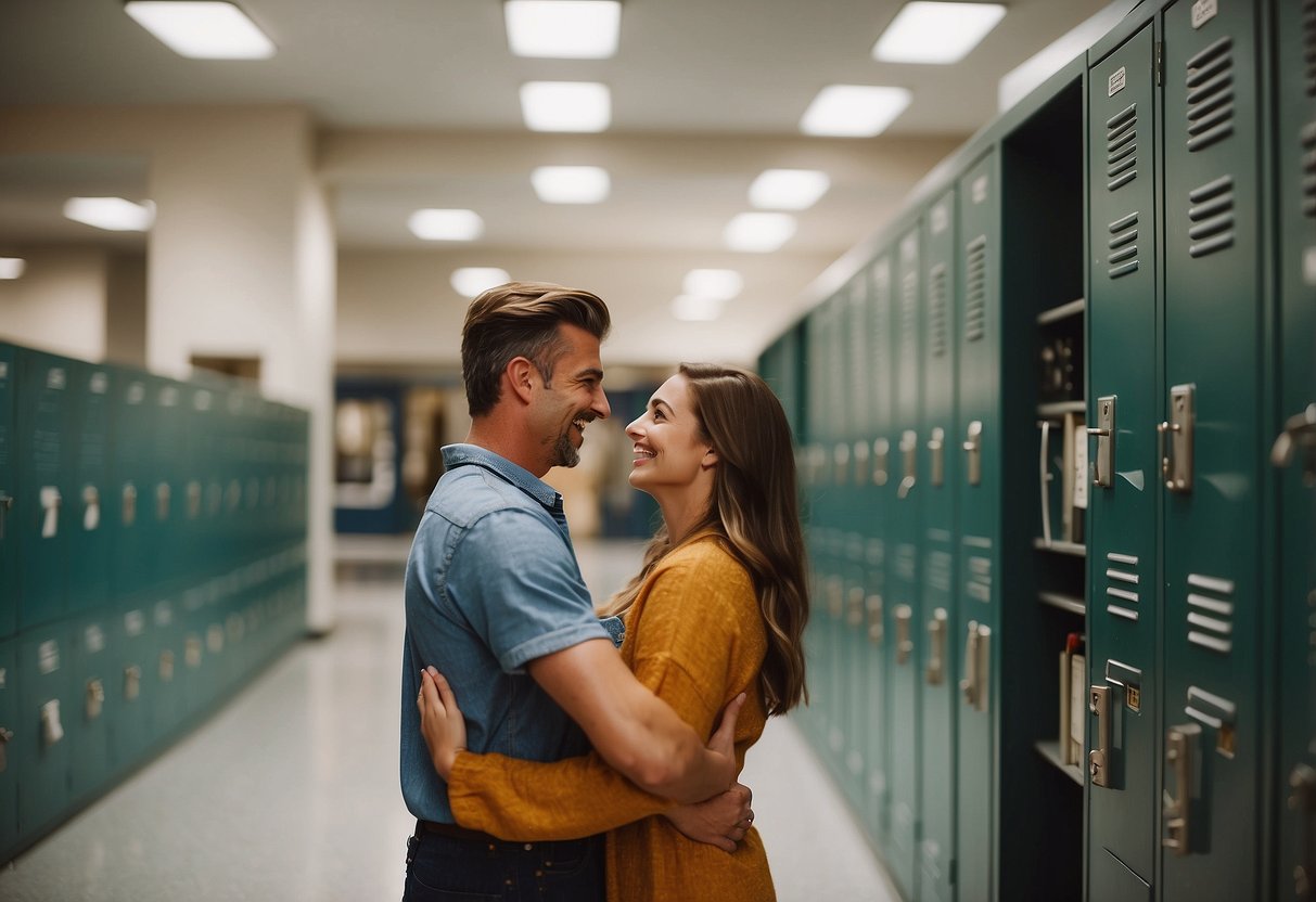 A couple embraces under a high school arch, surrounded by lockers and laughter