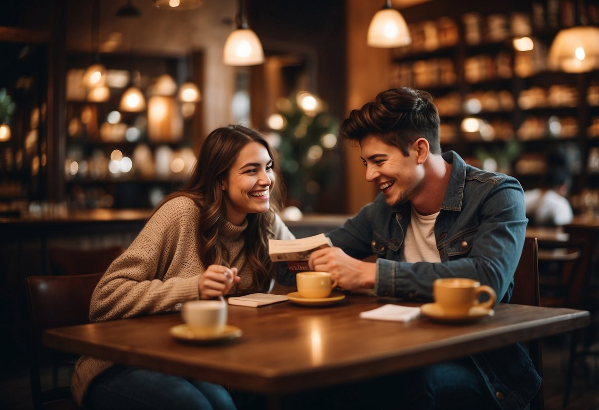 A cozy coffee shop with two college students sharing a laugh over books and studying, surrounded by warm lighting and a romantic atmosphere