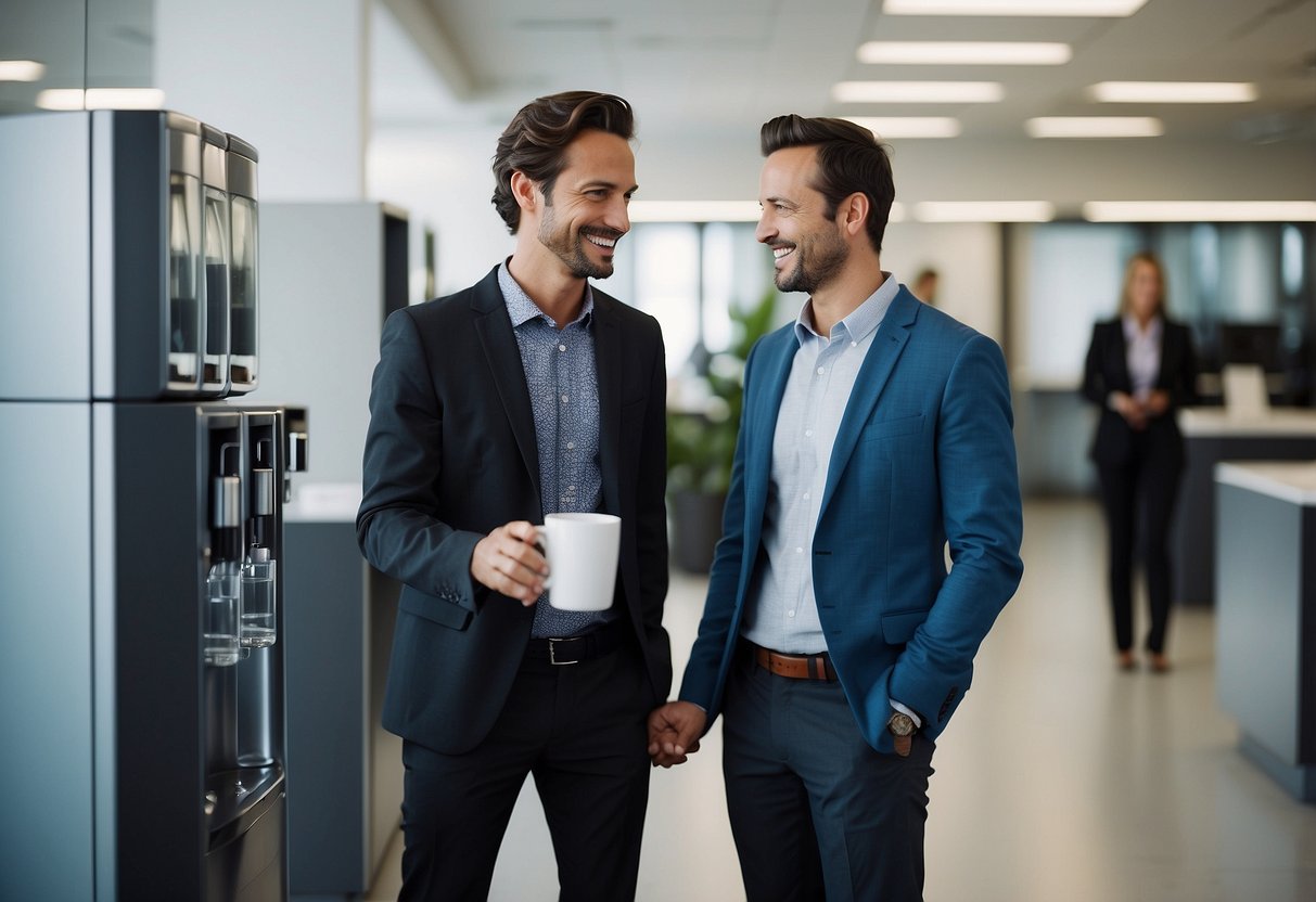 Two colleagues meet at the water cooler, exchanging smiles and small talk in a bustling office setting