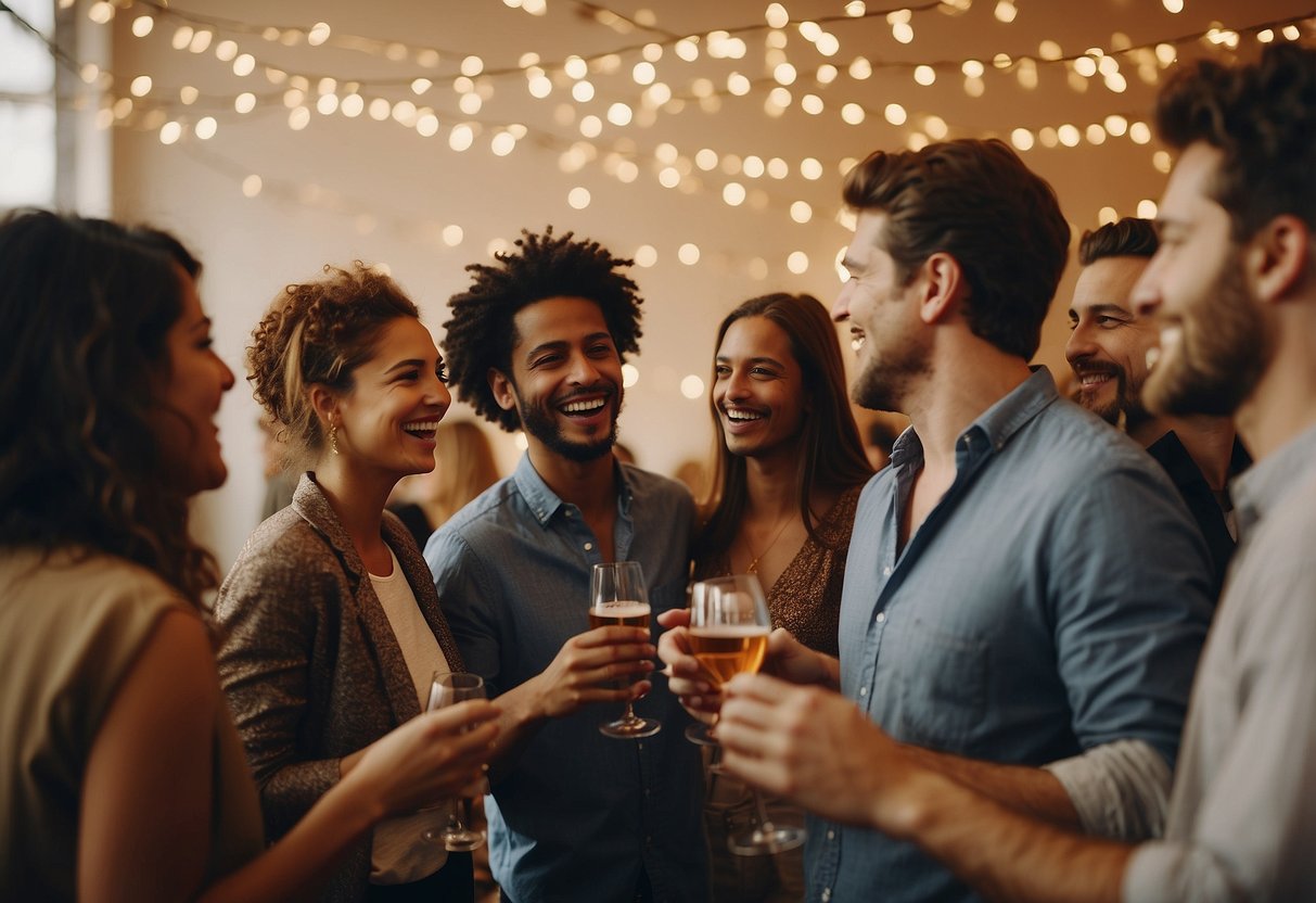 A group of people socializing at a party, laughing and chatting in a warm and welcoming atmosphere