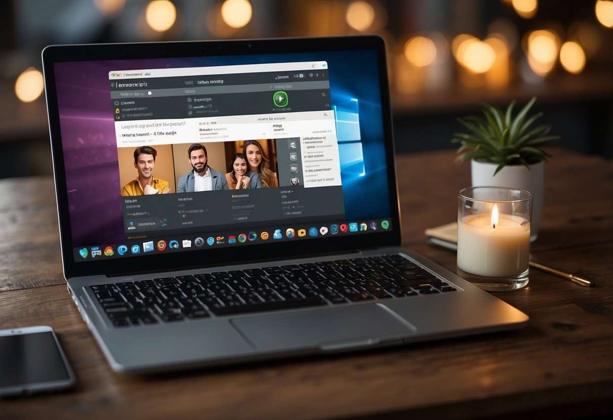 A laptop with a dating app open, showing a variety of profiles. A calendar with the question "What age do most people meet their spouse?" highlighted