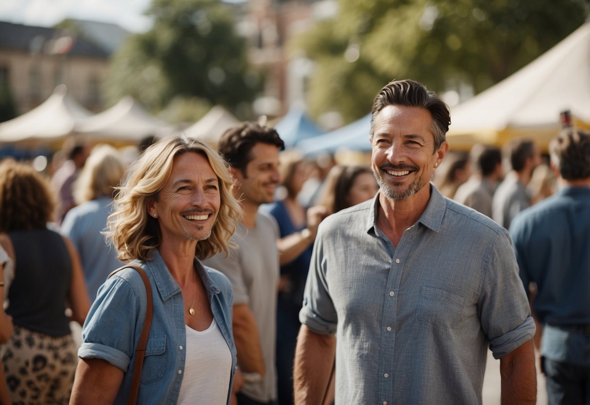 A bustling town square with couples of various ages mingling at a community event, exchanging smiles and laughter