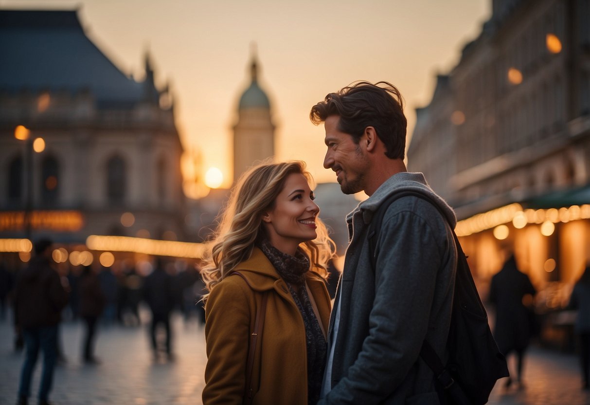 A couple meets in a bustling city square, surrounded by iconic landmarks and vibrant street vendors. The warm glow of the setting sun casts a romantic atmosphere over the scene