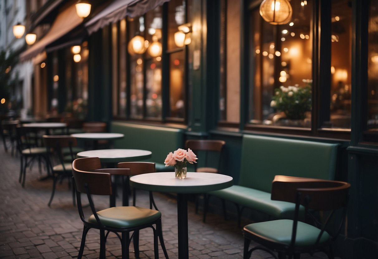 A cozy cafe with two empty chairs facing each other, a small table set with a single rose, and soft lighting creating a warm and intimate atmosphere