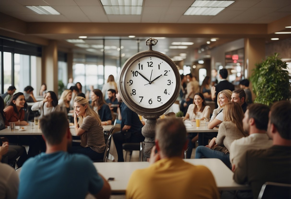 A crowded room with small tables, people chatting, and exchanging numbers. A clock on the wall ticking loudly