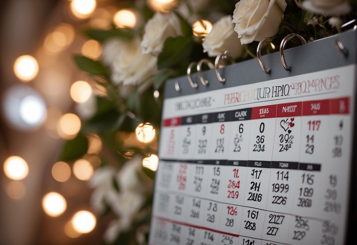 A calendar with different age milestones marked, surrounded by symbols of love and marriage, such as hearts, wedding rings, and flowers