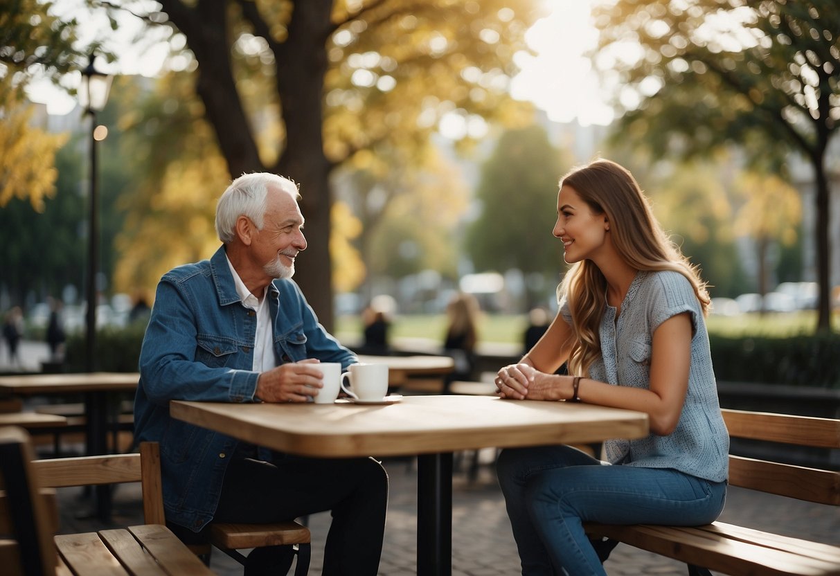 A young woman sits alone at a coffee shop, while an older man and woman hold hands in a park