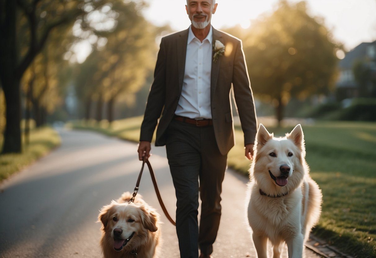 The groom's dad walks alongside a friendly dog