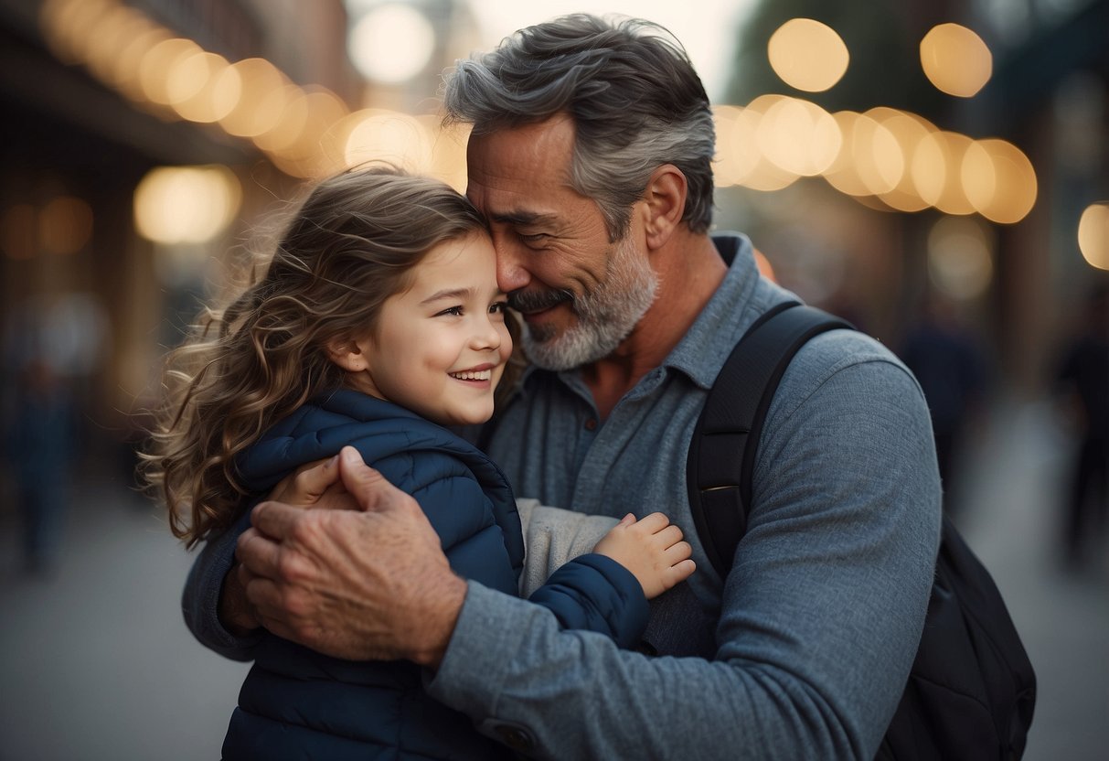 A father's embrace lingers, conveying love and support