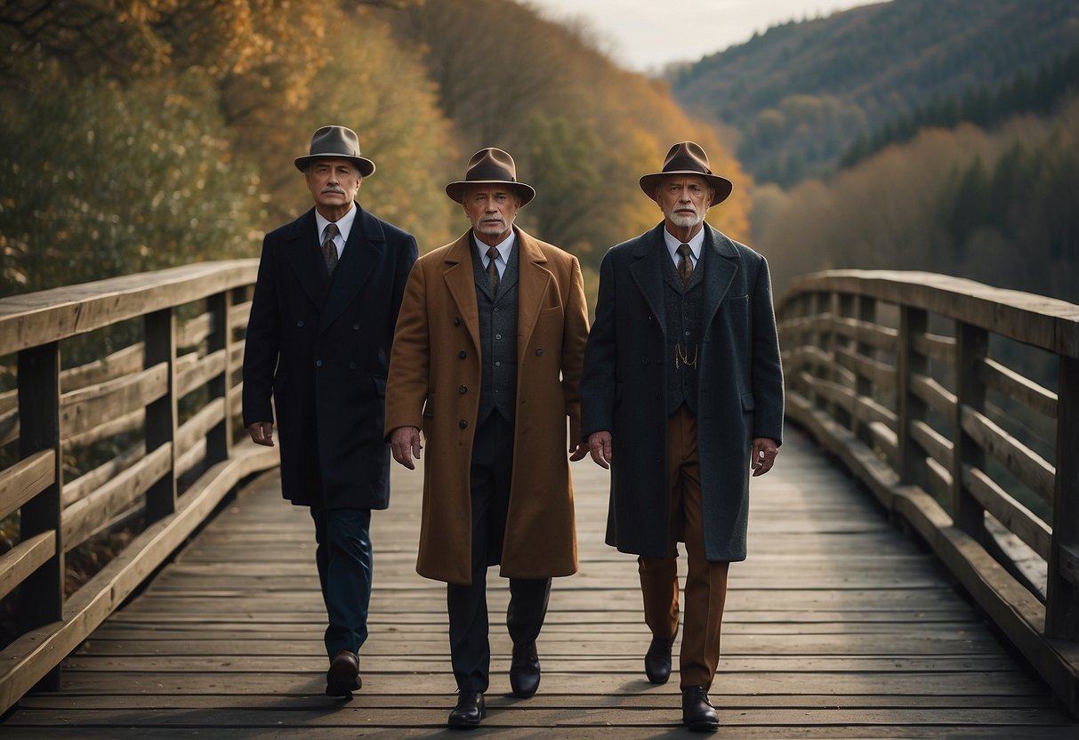 A man walks across a bridge, flanked by two figures representing tradition