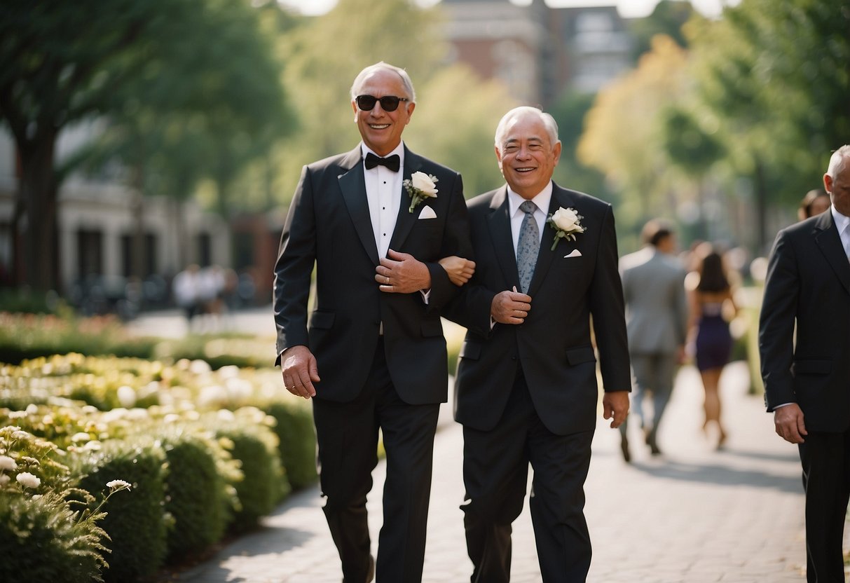 The groom's dad walks with the Custodian of Values