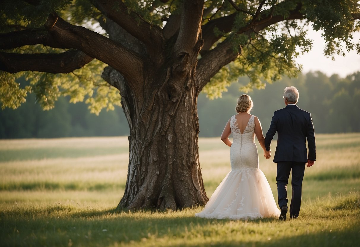 The groom's dad walks with a sturdy oak tree, symbolizing support and strength