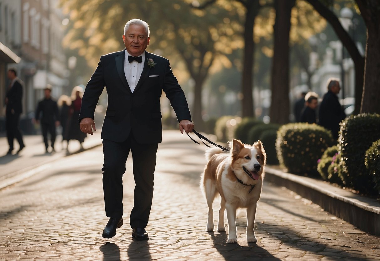 The groom's dad walks alongside a loyal and affectionate dog, symbolizing love and companionship