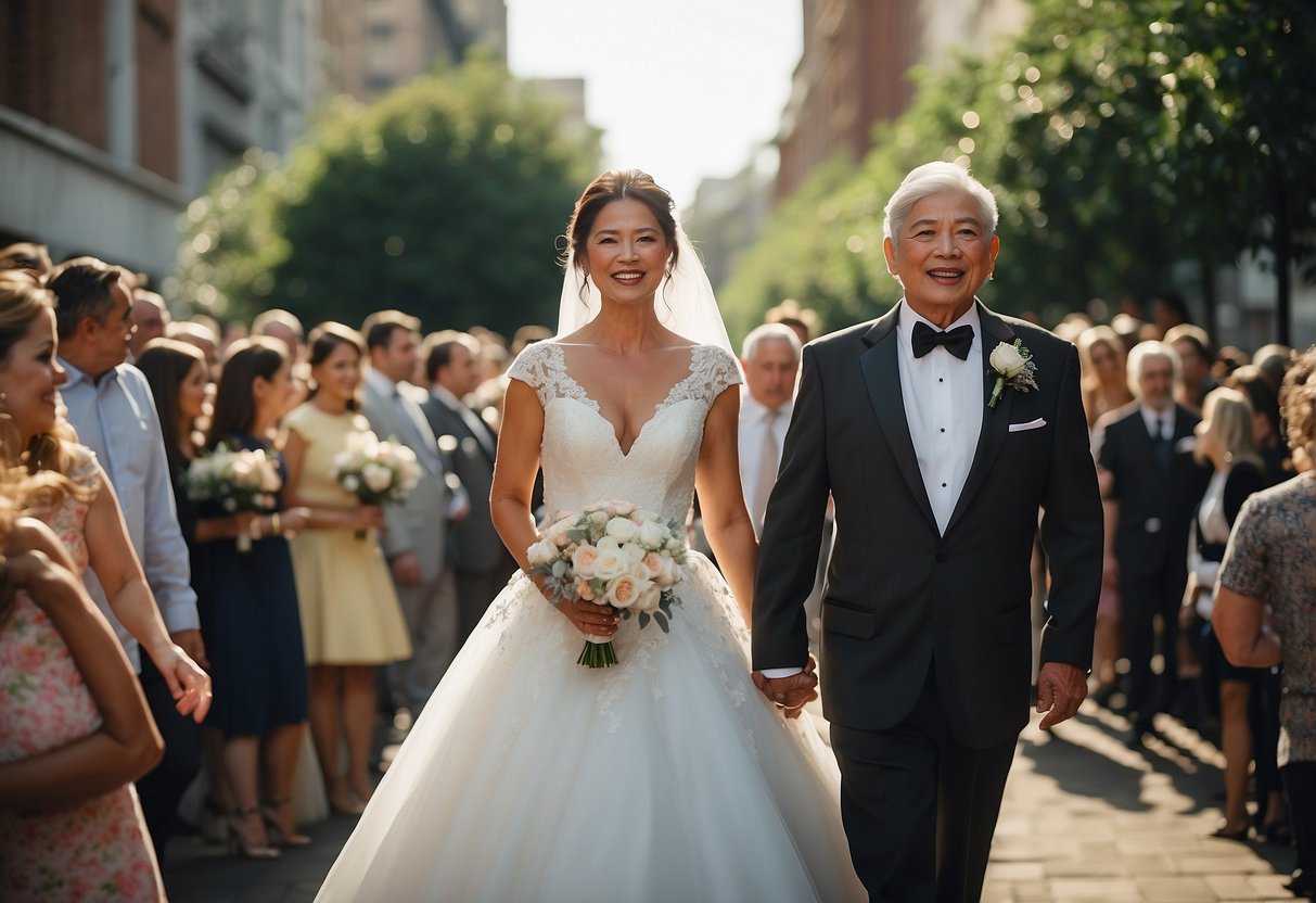 The groom's dad walks with pride, towering over the crowd