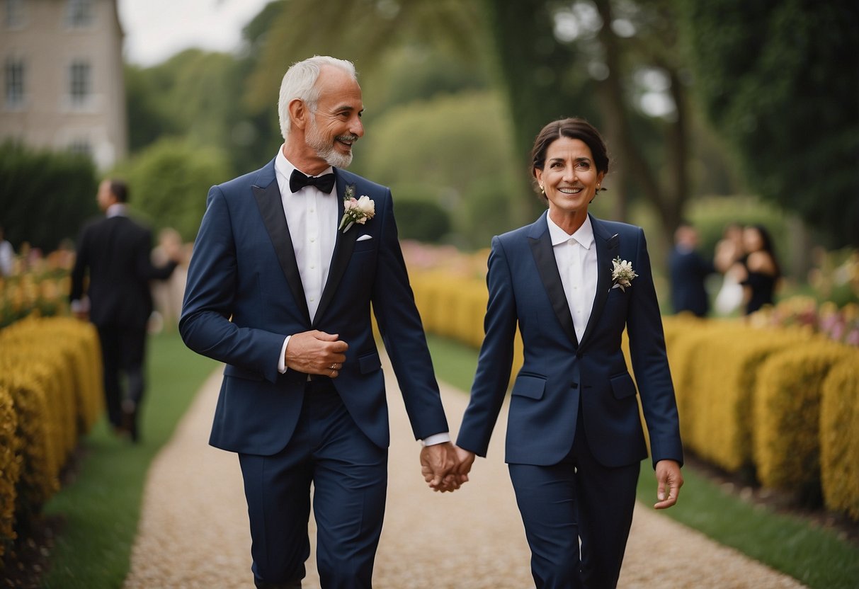 A tall figure walks alongside the groom's dad, exuding an air of elegance and poise