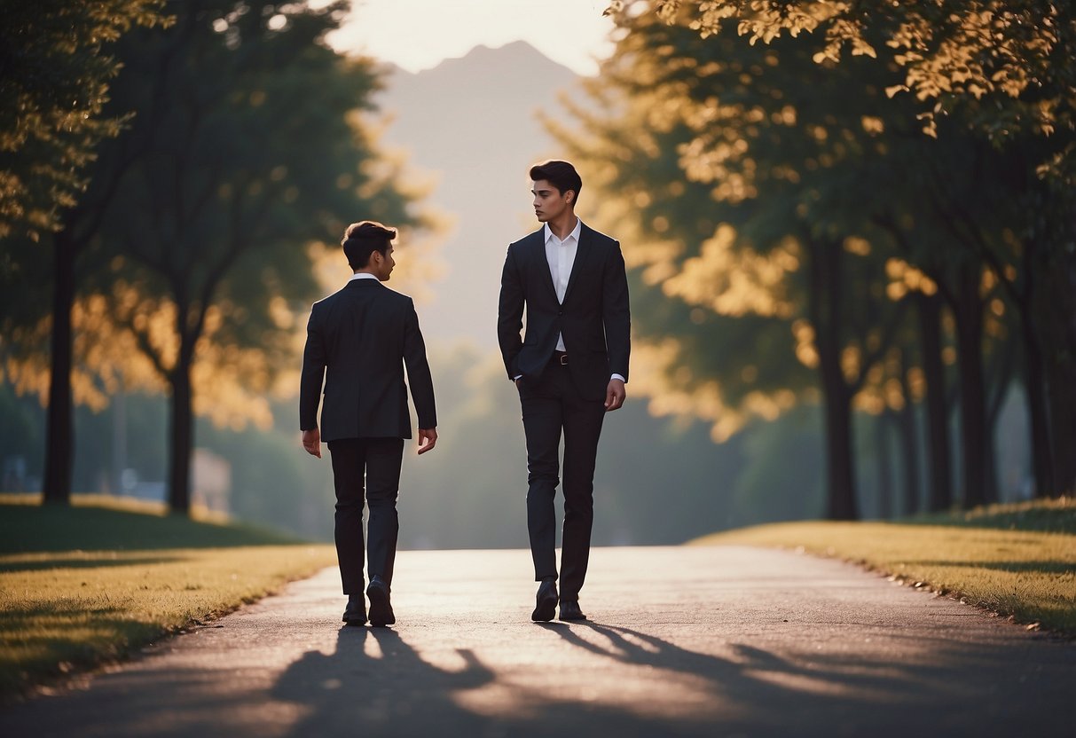 A figure walks alongside a young man in formal attire, heading towards a new path