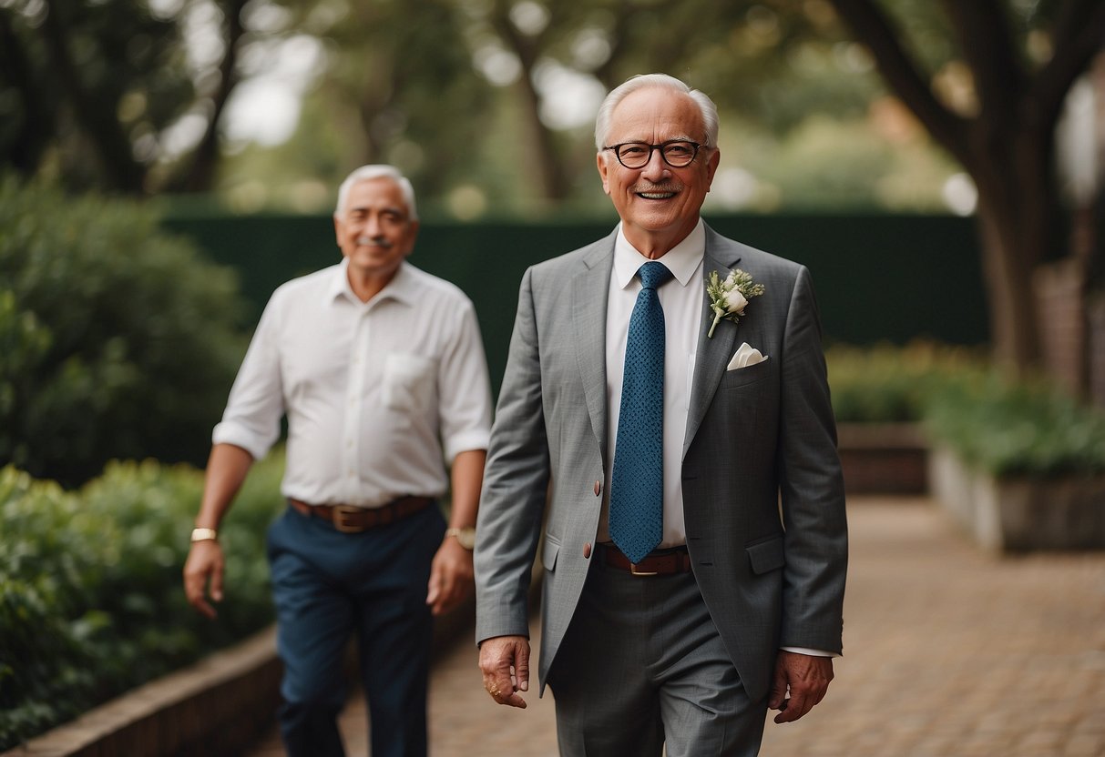 The Groom's Dad walks with confidence, leading the way with a proud and dignified posture