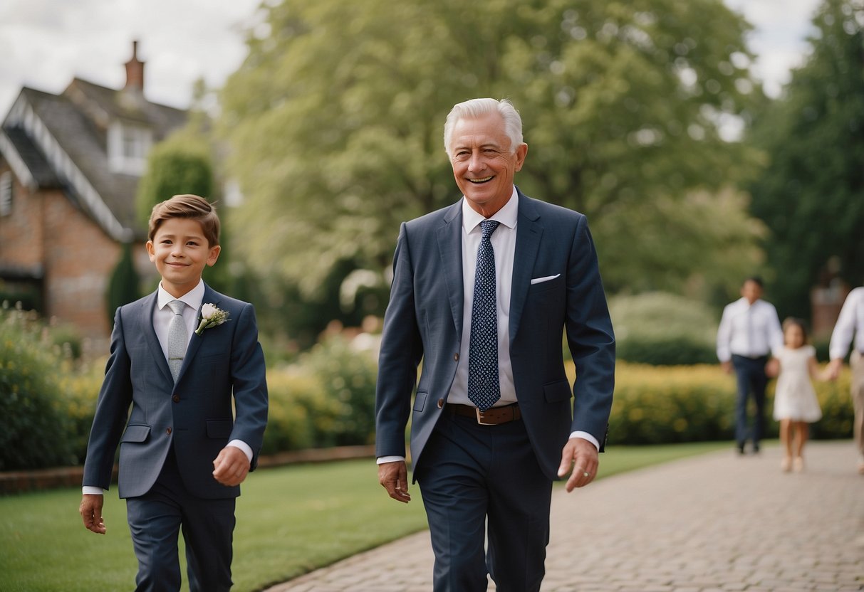 The groom's dad walks with a close family friend or relative