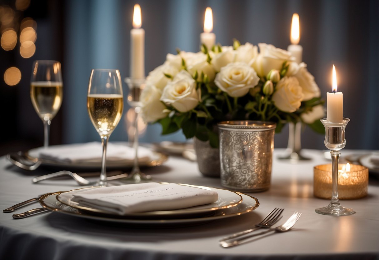 A table set with elegant dinnerware, surrounded by candles and flowers. A bottle of champagne chilling in an ice bucket. A handwritten love note placed on the table