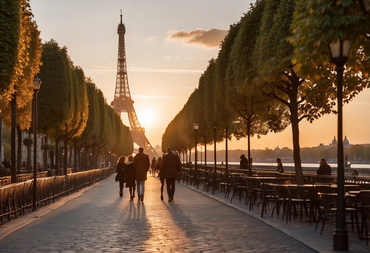 A couple strolling along the Seine at sunset, with the Eiffel Tower in the background. A cozy café with tables set for two. A view of the city from Montmartre